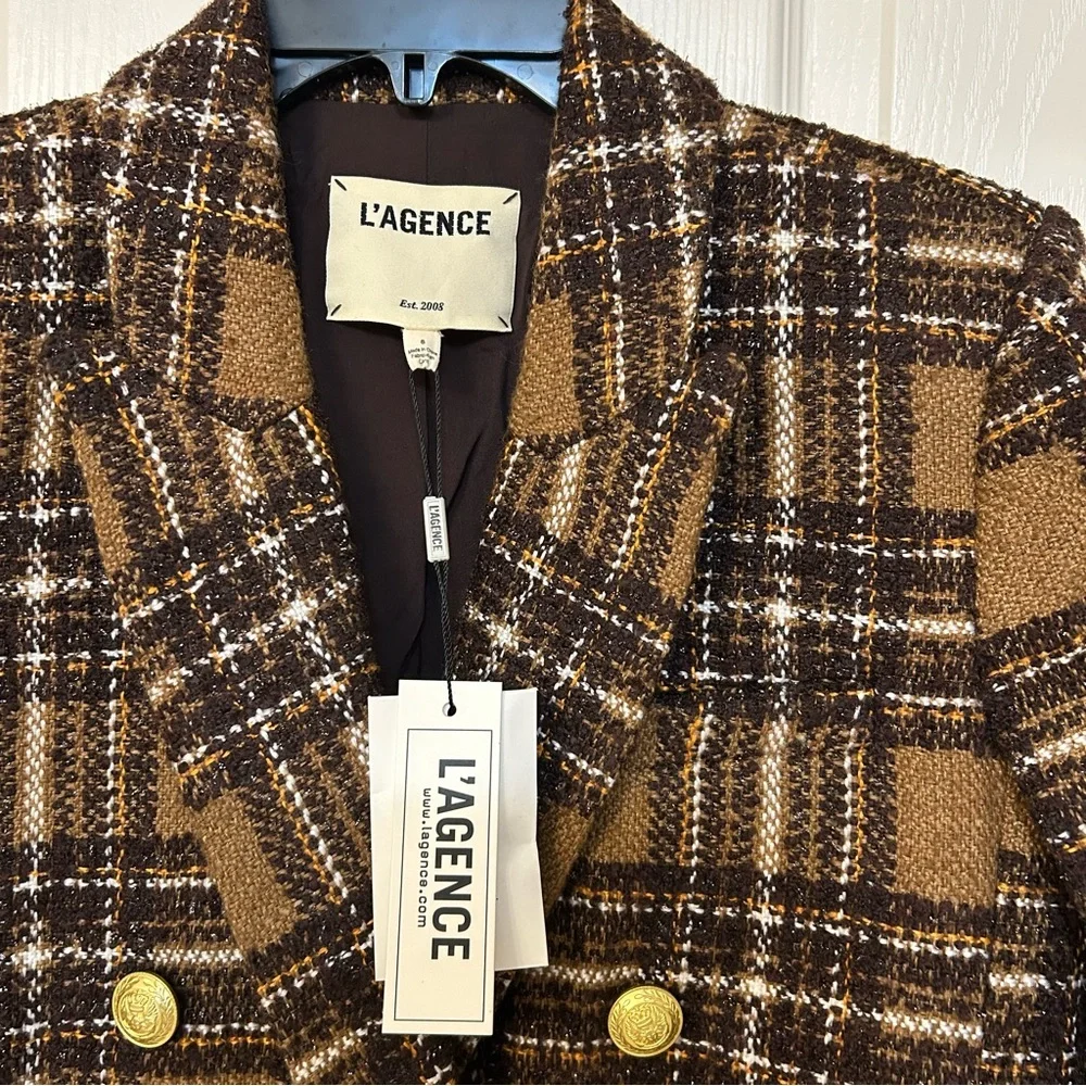L'AGENCE Kenzie Plaid Tweed Double-Breasted Blazer in Brown / Gold Size 6 - Picture 10 of 15